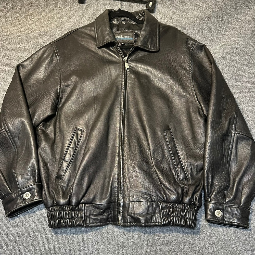 Vintage 90s MacLean Lambskin Leather Bomber Jacket Black Mens M Boxy